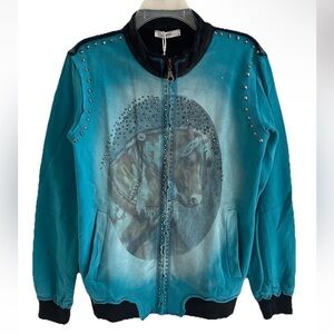 Delia Western Horse Graphic Rhinestones Studs Blue Zip Up Sweatshirt Jacket Sz S